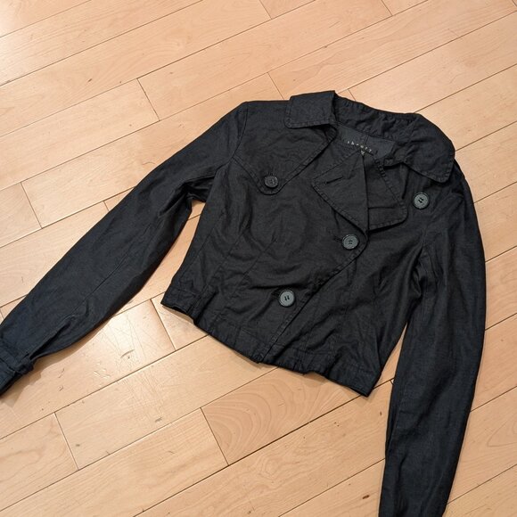 SOLD Theory 100% Linen Cropped Trench Coat Women Size P Black - Picture 11 of 11